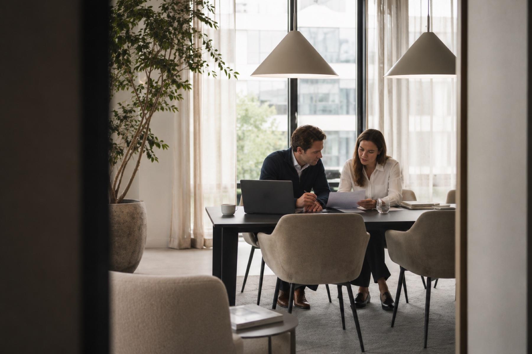 Twee fiscale professionals bespreken samen een document aan tafel